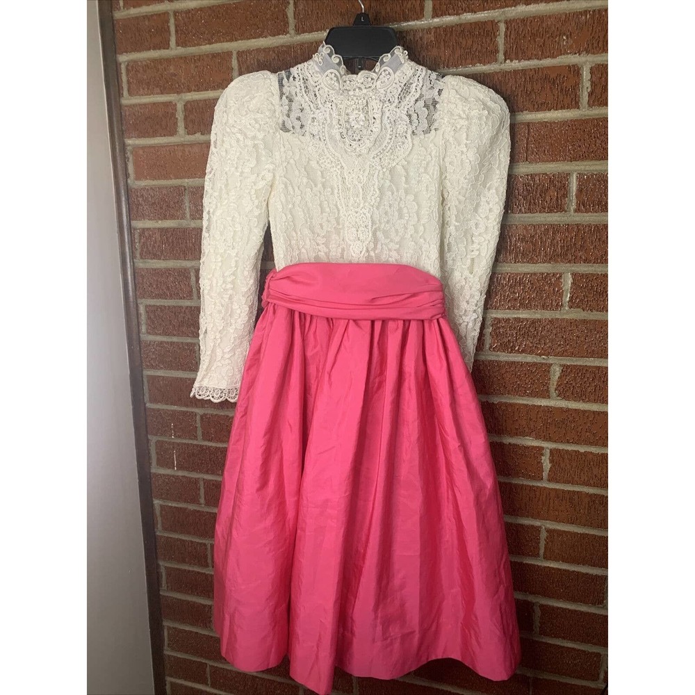Vintage Dorissa International Nicole Dress Lace Pearls Taffeta Party Hot Pink 10